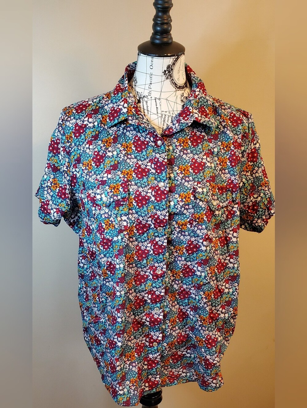 Vintage Wrangler Wrancher Women XL Floral Pearl Snap Western Shirt Cotton